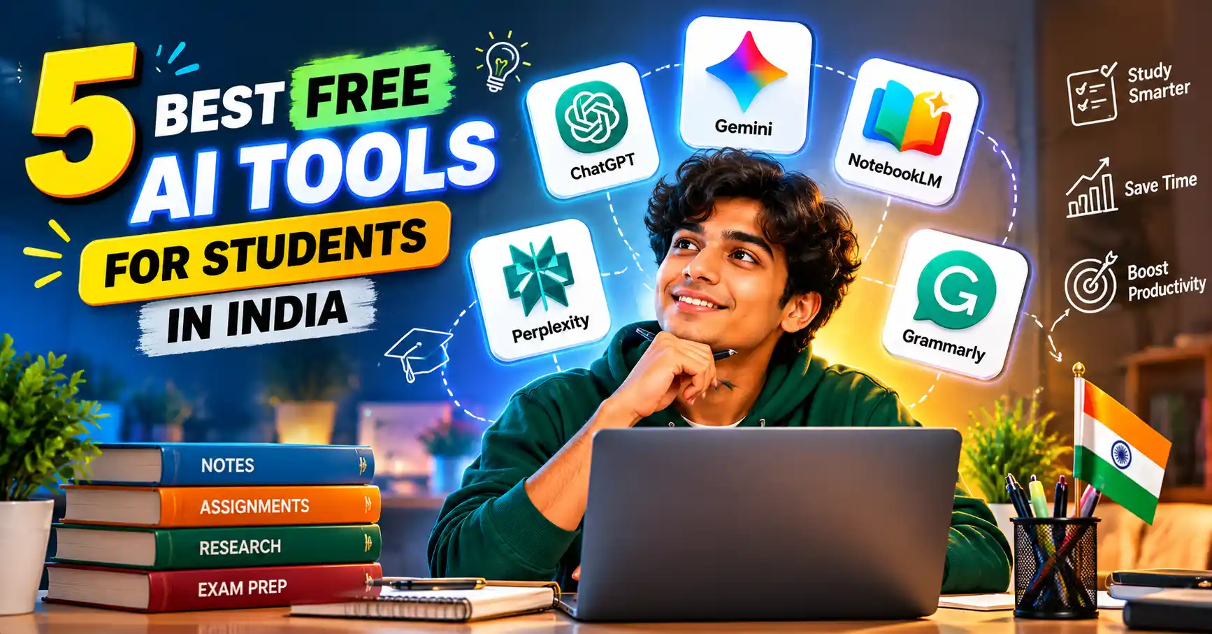 5 best free AI tools for students in India, including ChatGPT, Google Gemini, NotebookLM, Perplexity AI, and Grammarly.
