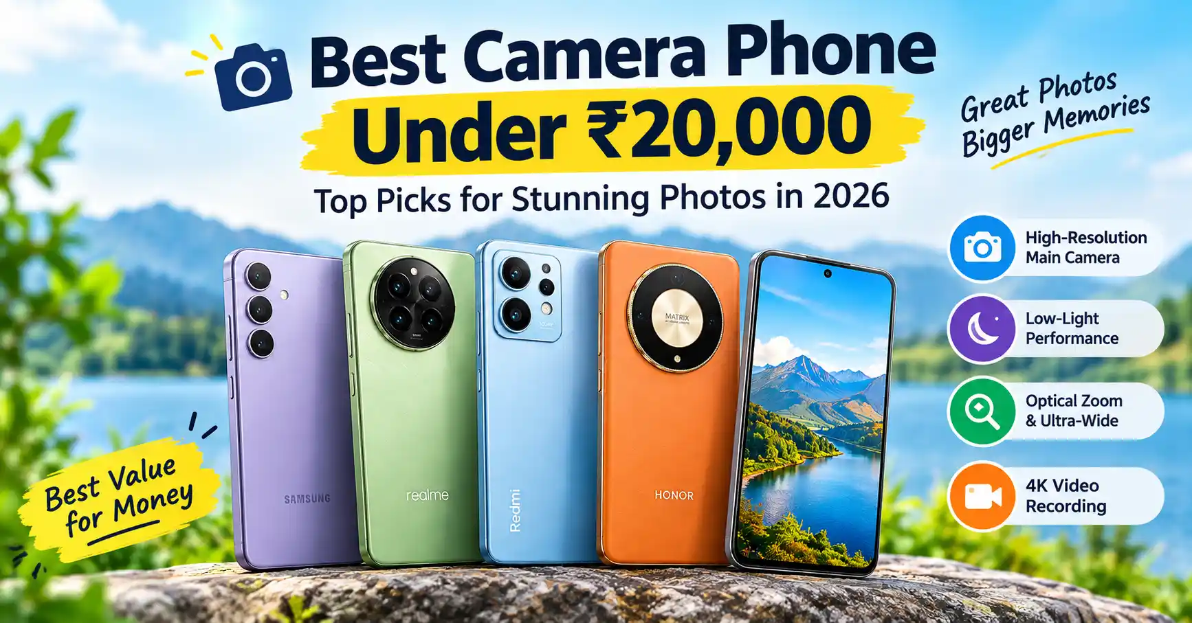 Best camera phones under ₹20,000 in India featuring Samsung, realme and HONOR smartphones with high-resolution camera features.