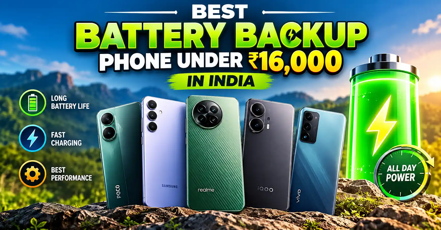 Best battery backup phones under ₹16,000 in India featuring smartphones, long battery life, and fast charging. Caption: Compare the best battery backup smartphones under ₹16,000 in India.