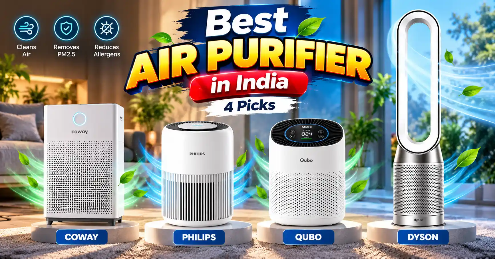 Best air purifiers in India featuring Coway, Philips, Qubo, and Dyson air purifiers.