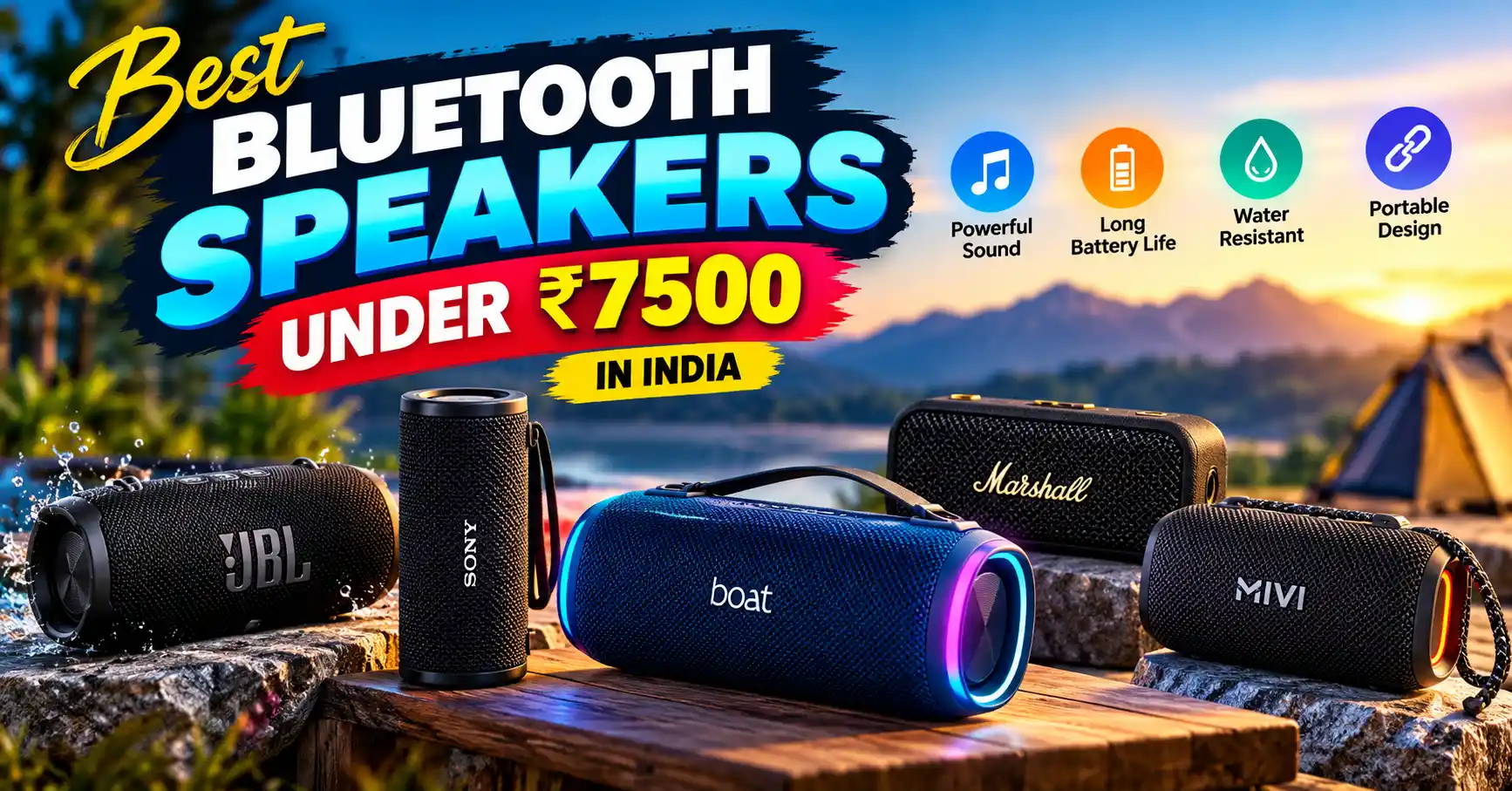 Best Bluetooth speakers under ₹7500 in India featuring JBL, Sony, boAt, Marshall, and Mivi portable speakers