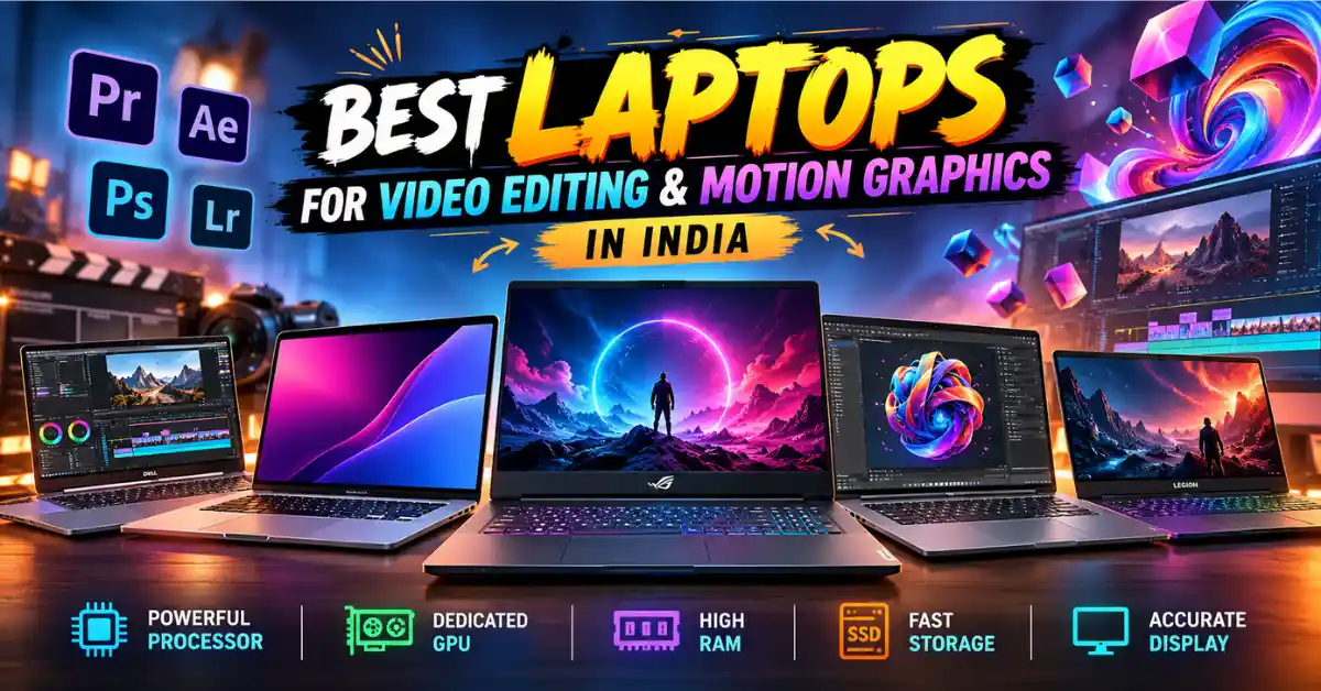 Best laptops for video editing and motion graphics in India, featuring powerful laptops with creative software, colorful displays, and high-performance hardware.