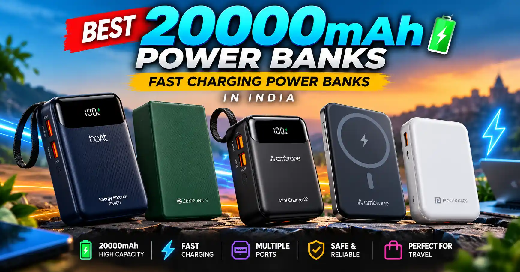 Best 20000mAh power banks in India with fast charging, featuring boAt, Zebronics, Ambrane and Portronics models