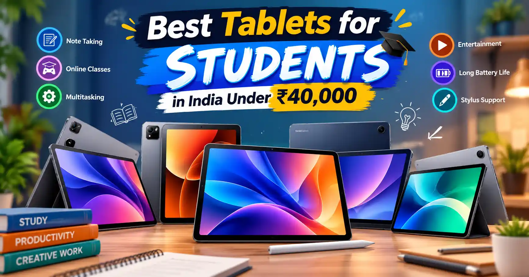 Best tablets for students in India under ₹40,000 featuring tablets for online classes, note-taking, multitasking, and stylus support.