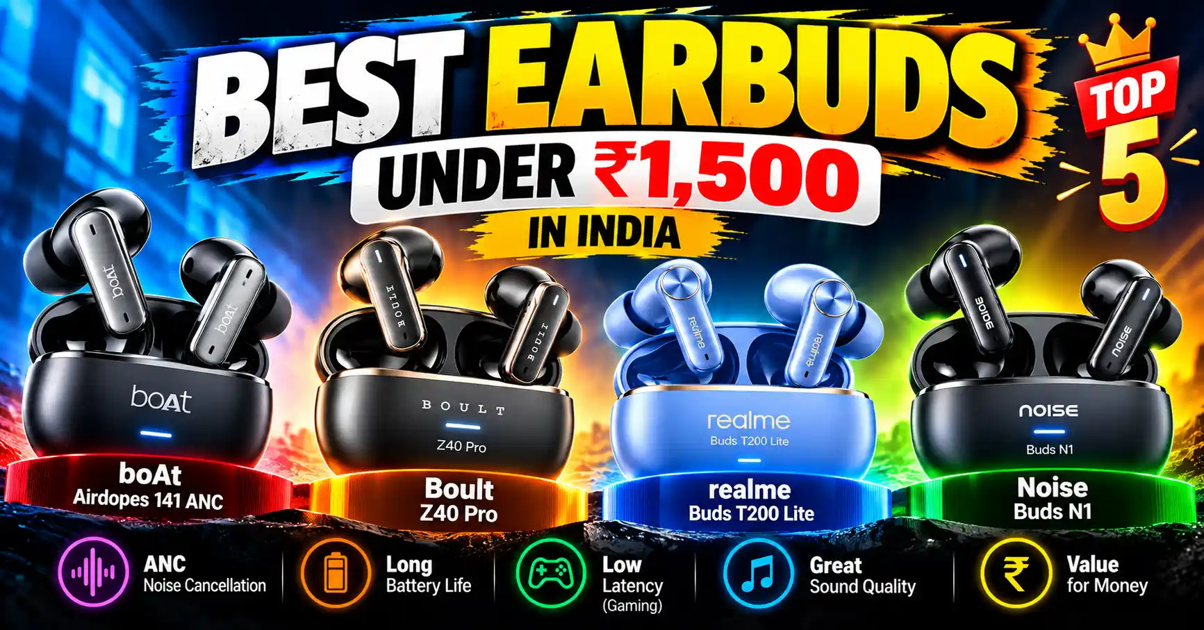 Best earbuds under ₹1,500 in India featuring boAt Airdopes 141 ANC, Boult Z40 Pro, realme Buds T200 Lite, and Noise Buds N1.