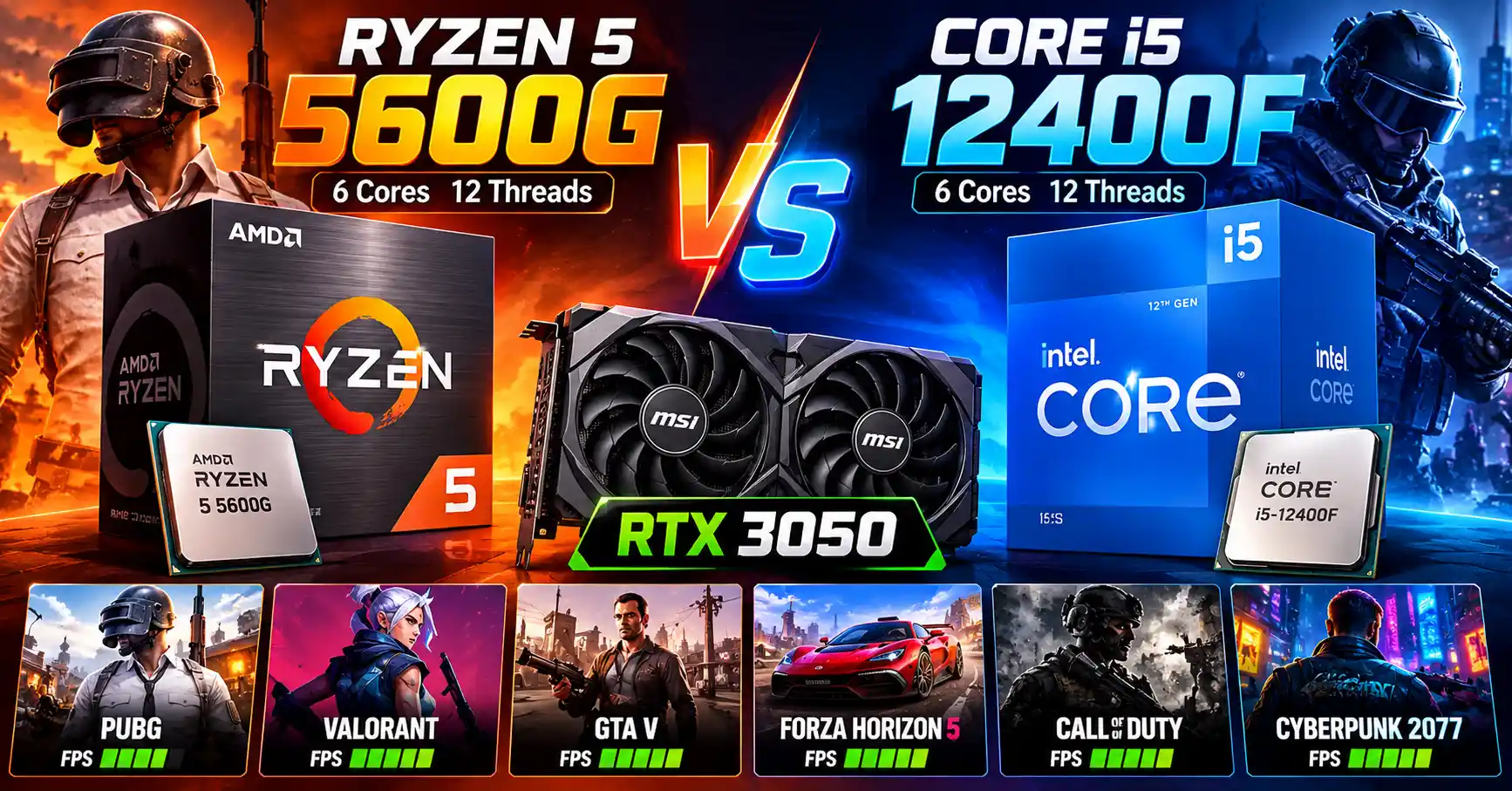 Ryzen 5 5600G vs Intel Core i5-12400F gaming test with RTX 3050 graphics card