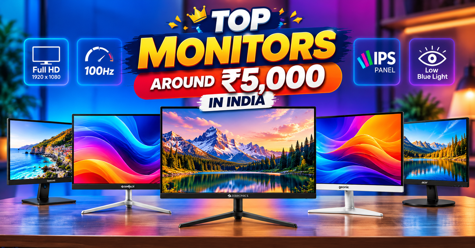 Top monitors around ₹5,000 in India featuring Full HD displays, IPS panels, and popular monitor brands.